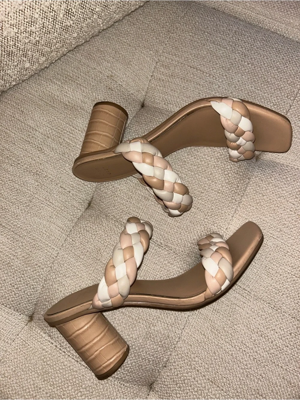 A New Day Tan and White Braided Block Heel Sandals - Picture 2 of 5
